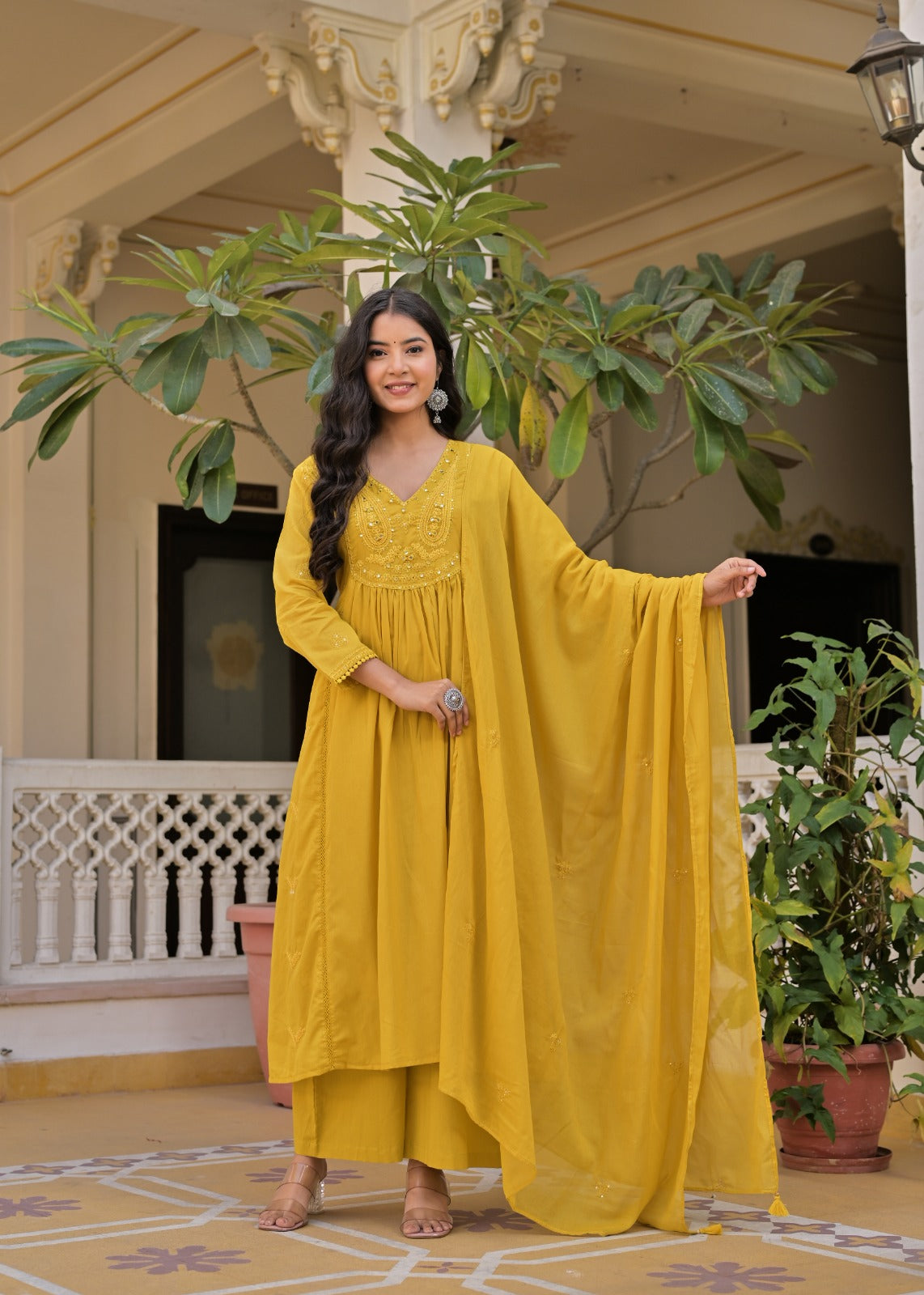 Gindly A-Line Kurta Set with Palazzo & Dupatta