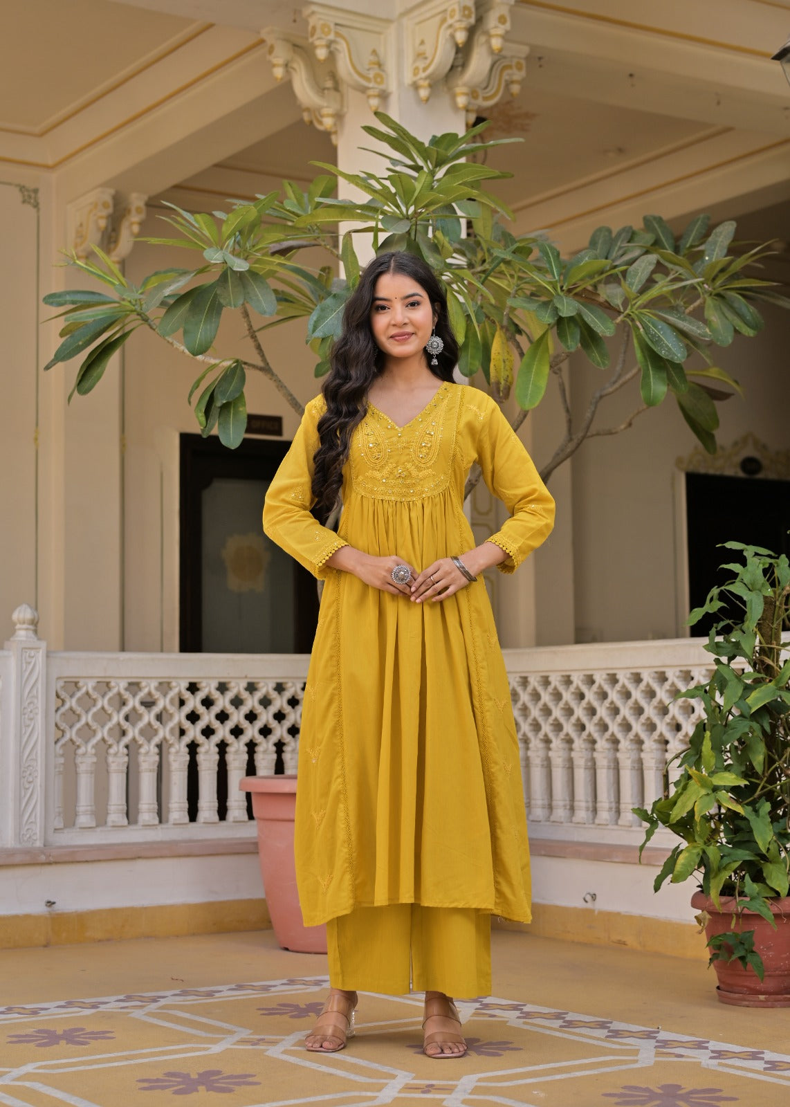 Gindly A-Line Kurta Set with Palazzo & Dupatta