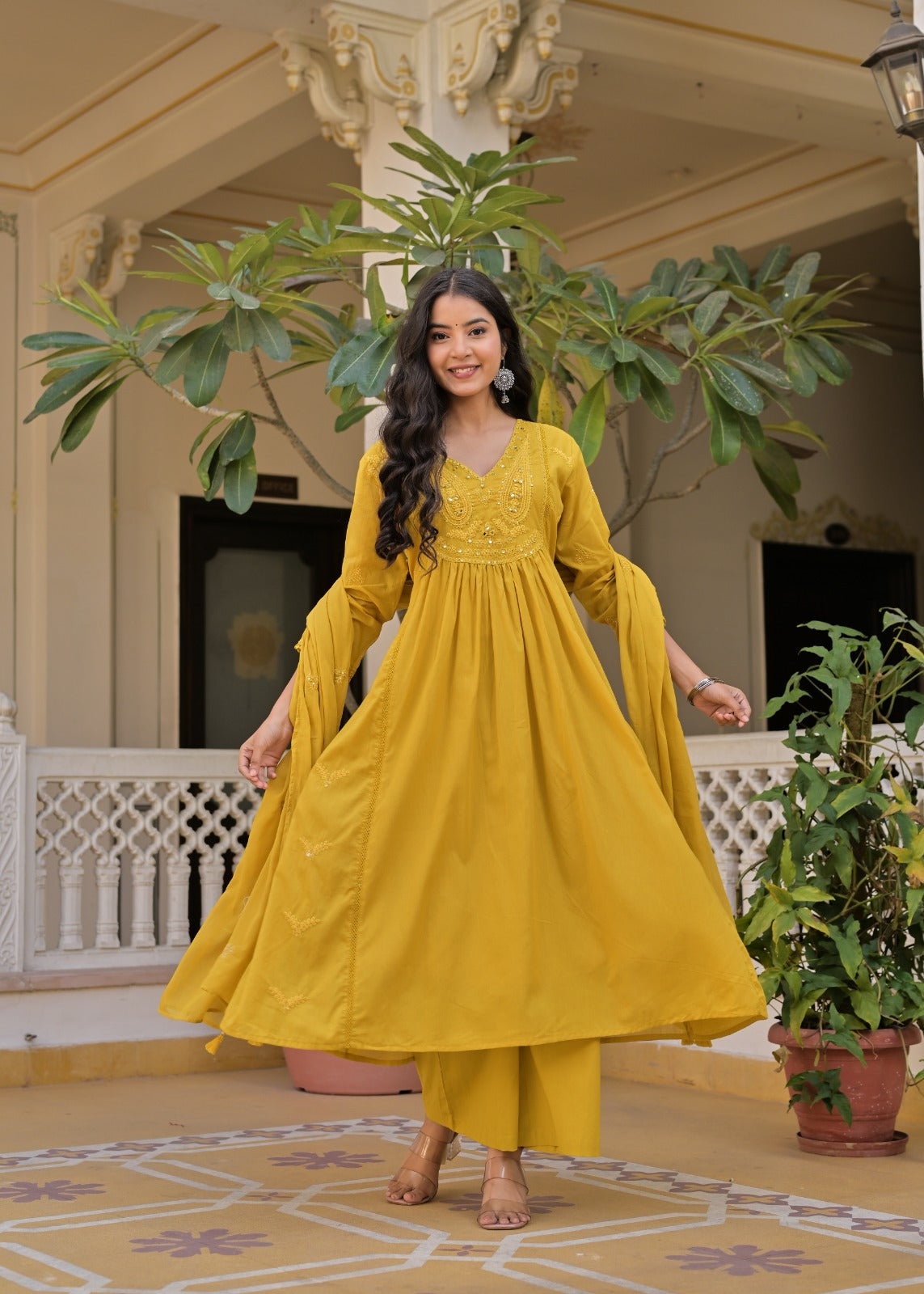 Gindly A-Line Kurta Set with Palazzo & Dupatta