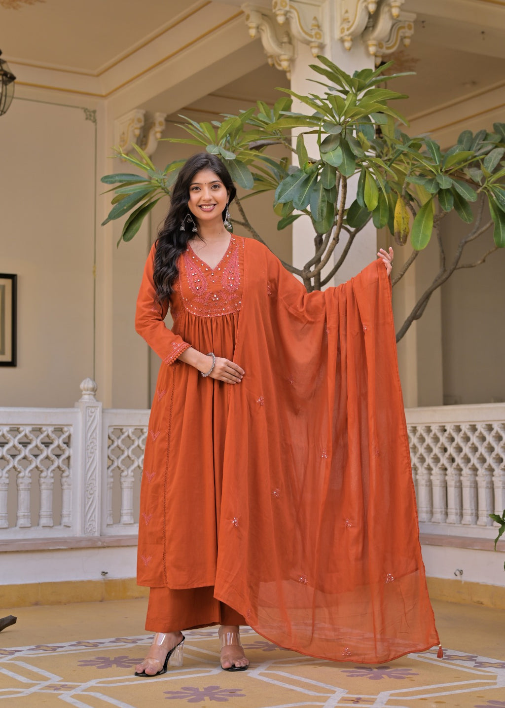 Gindly A-Line Kurta Set With Palazzo & Dupatta