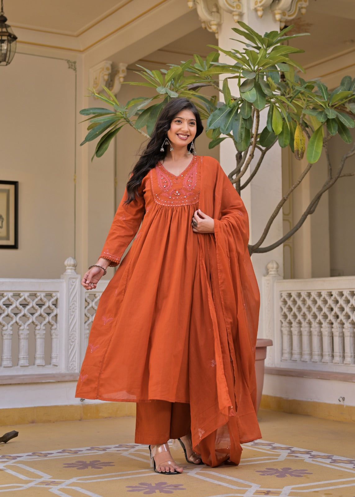 Gindly A-Line Kurta Set With Palazzo & Dupatta