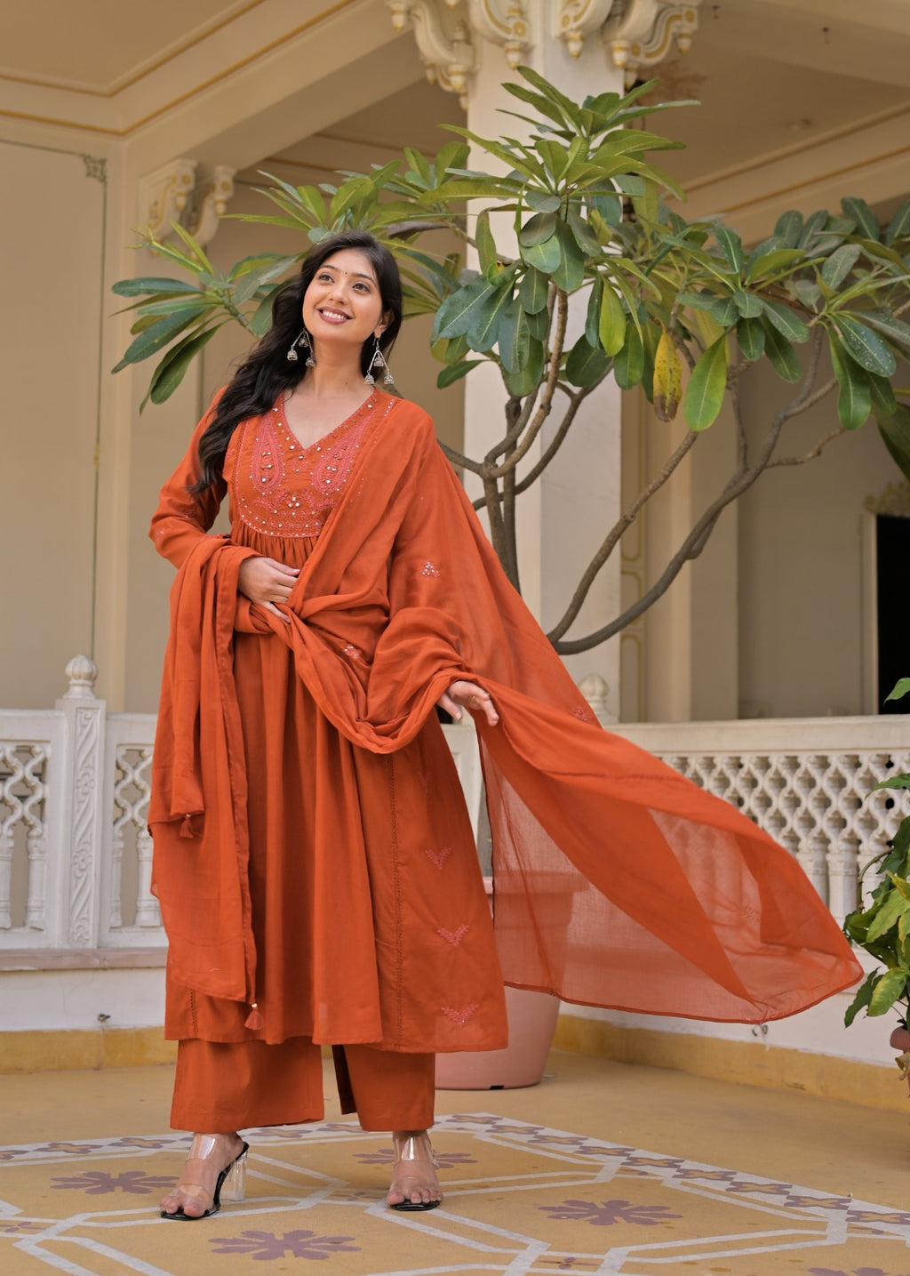 Gindly A-Line Kurta Set With Palazzo & Dupatta