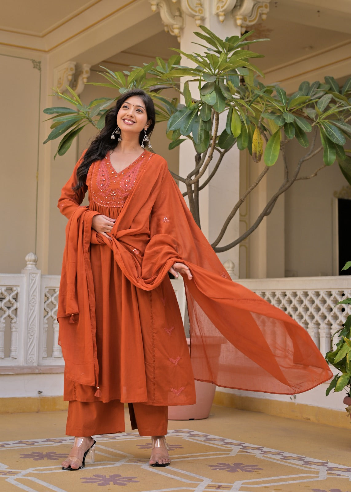 Gindly A-Line Kurta Set With Palazzo & Dupatta