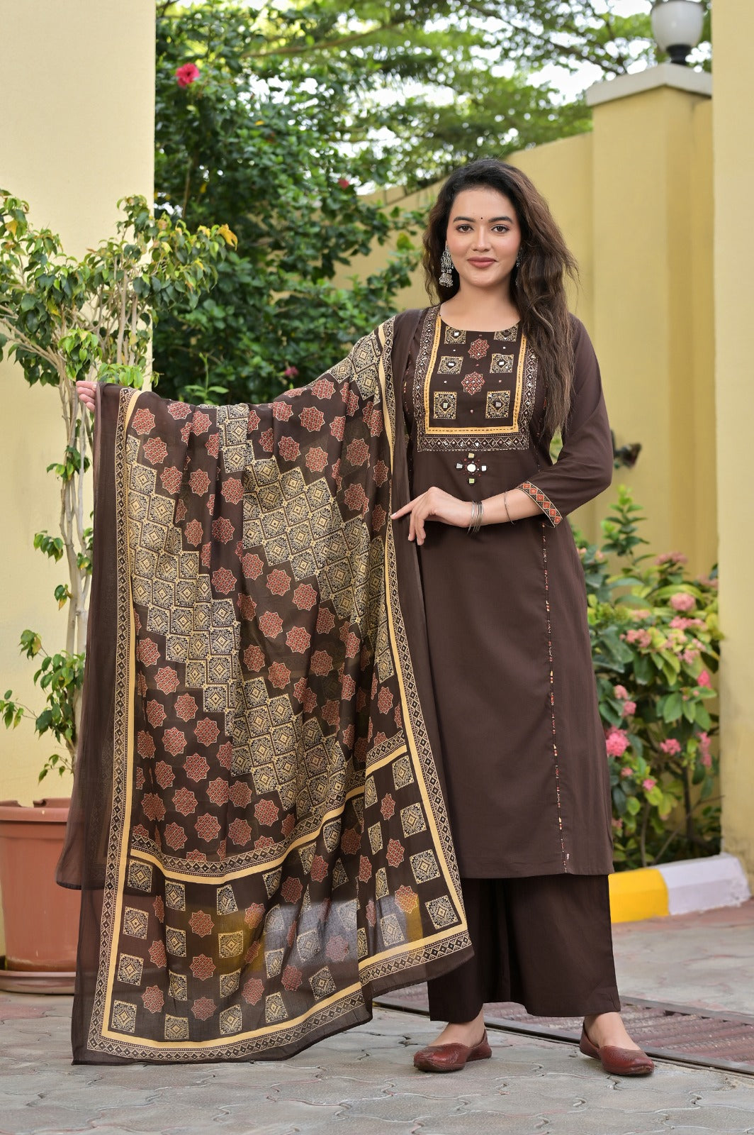 Gindly Traditional  Cotton A-Line Kurti Set with Dupatta