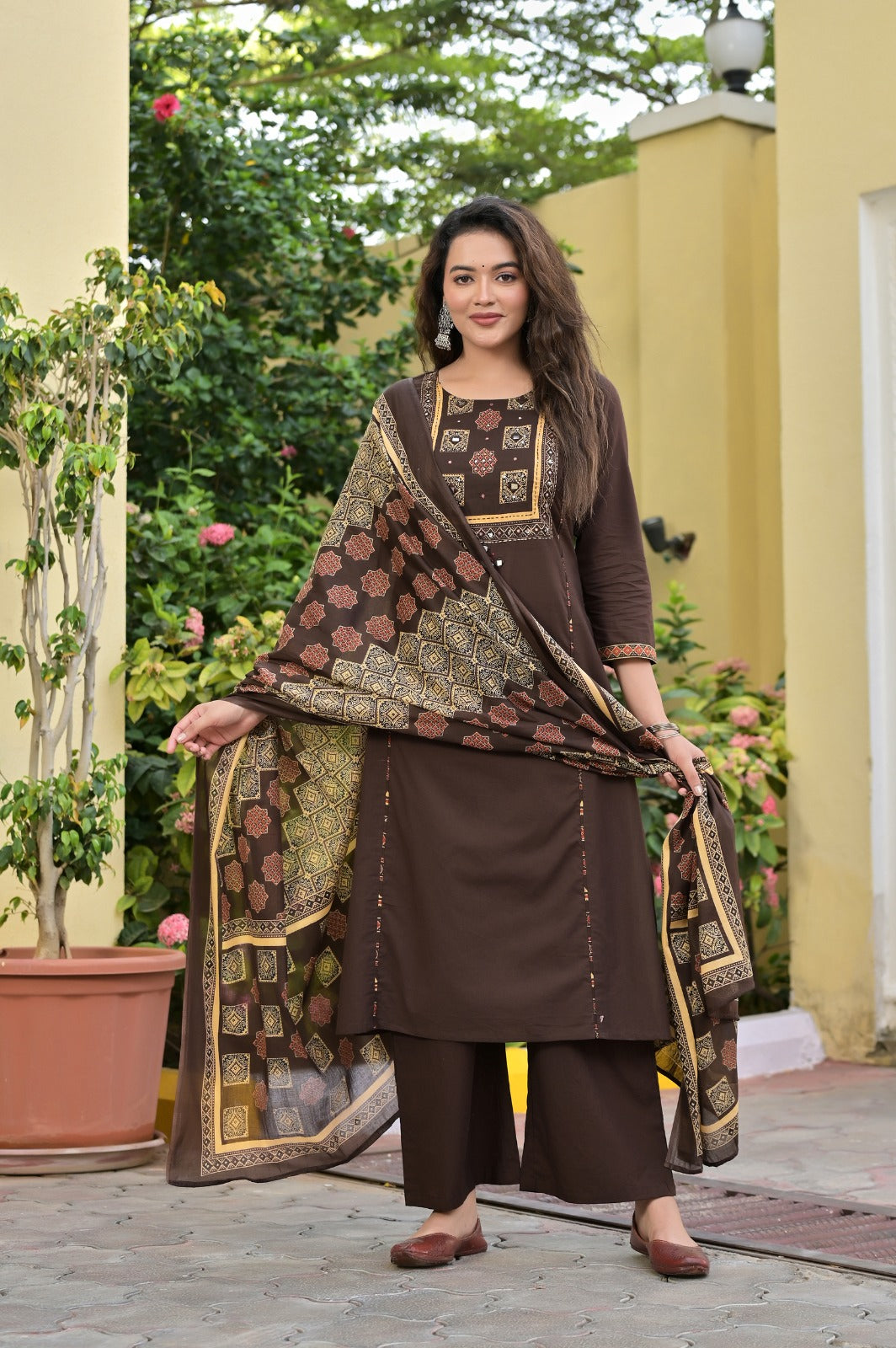 Gindly Traditional  Cotton A-Line Kurti Set with Dupatta