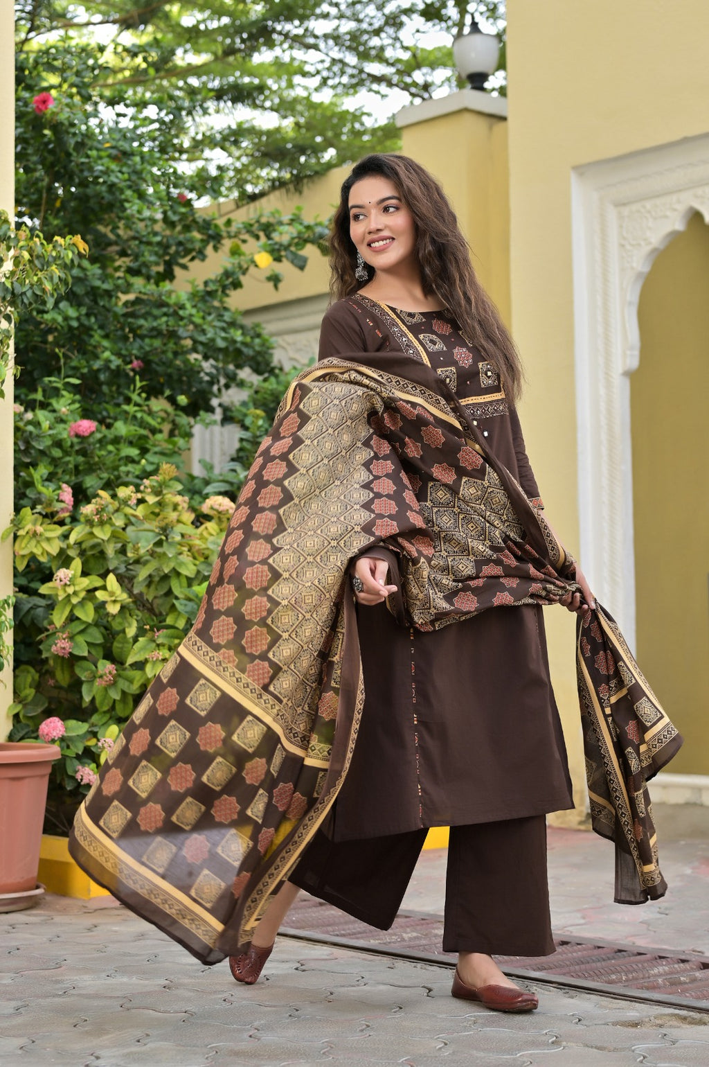 Gindly Traditional  Cotton A-Line Kurti Set with Dupatta