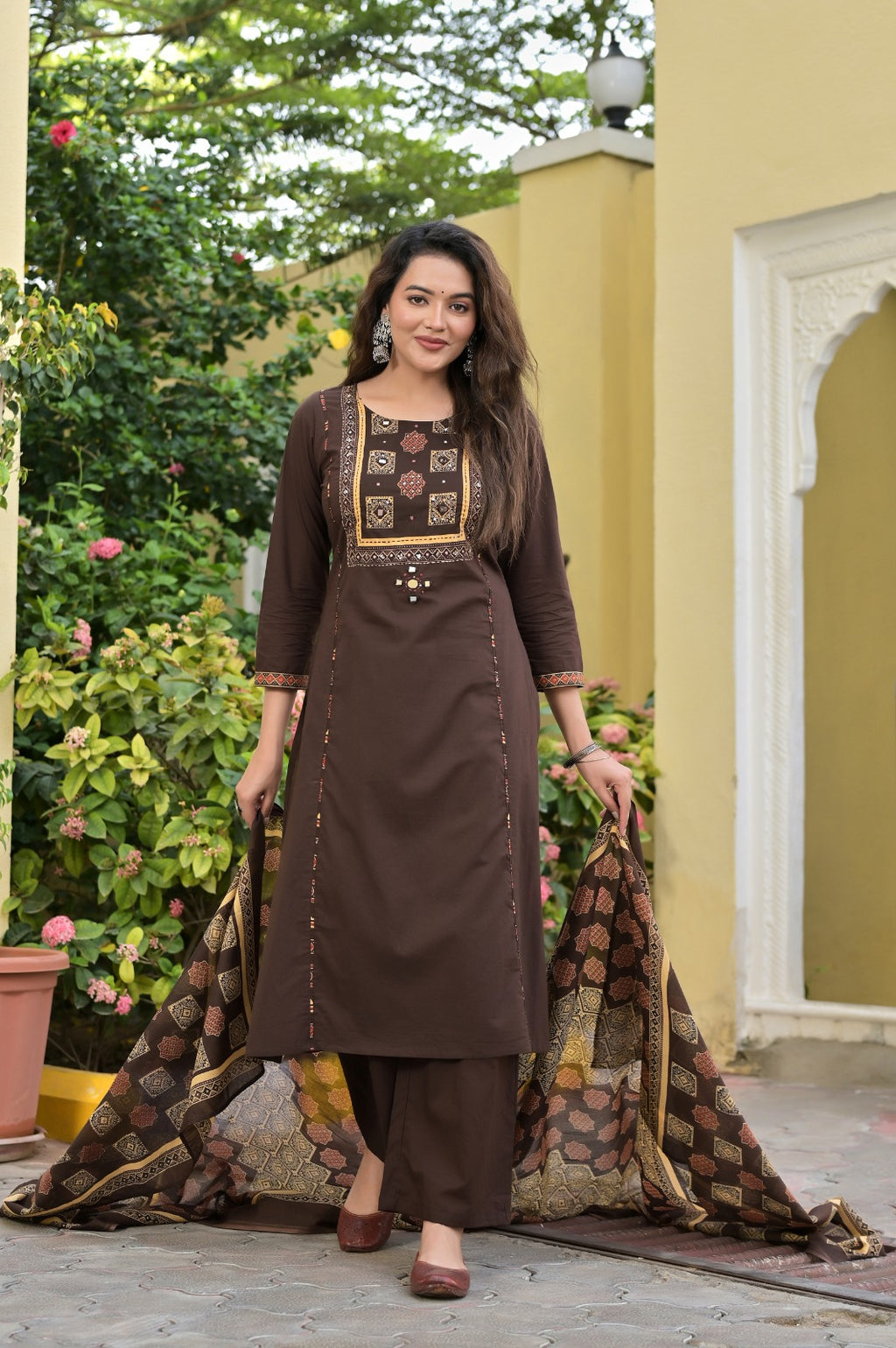 Gindly Traditional  Cotton A-Line Kurti Set with Dupatta