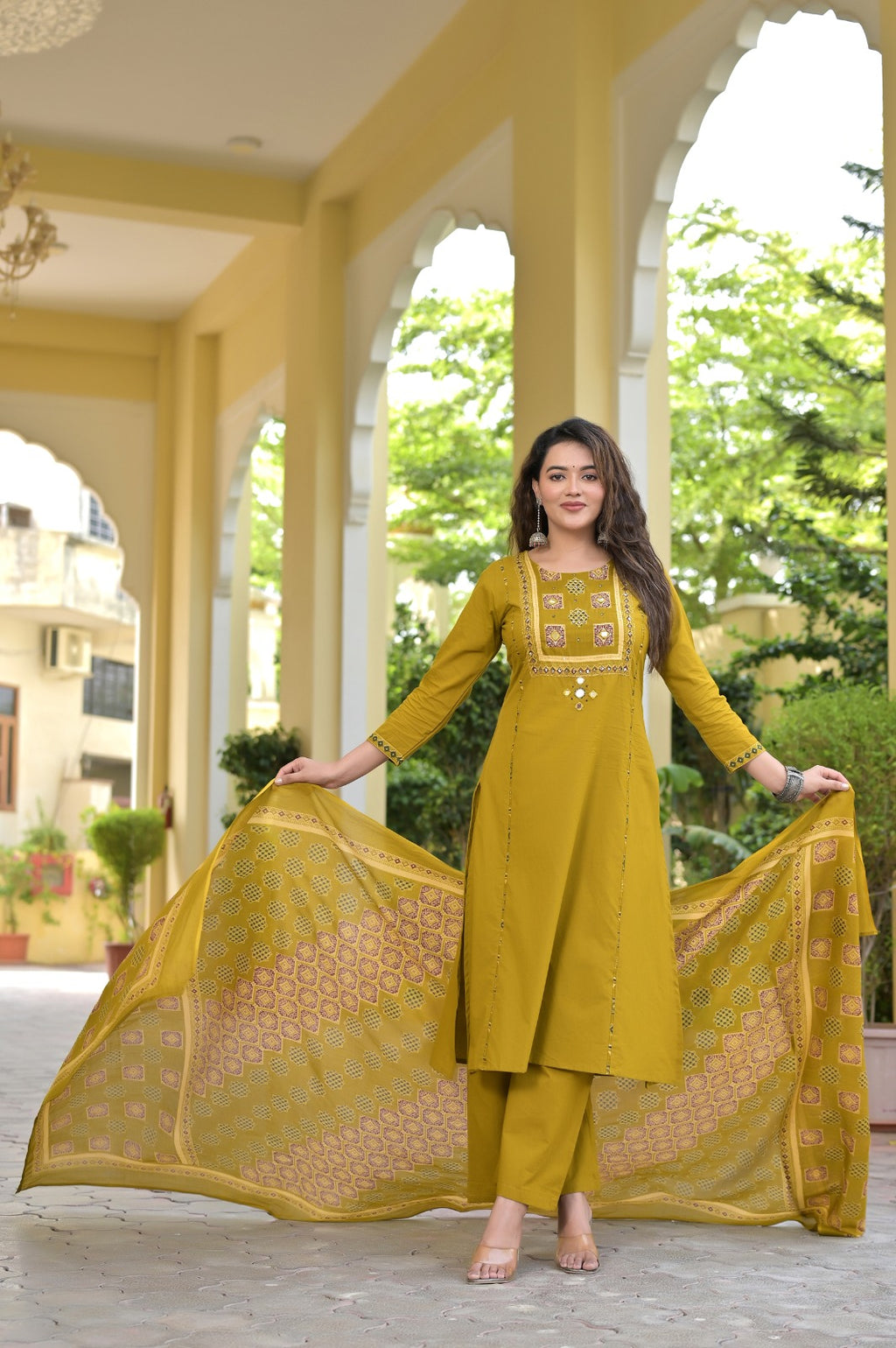 Gindly Traditional Cotton A-Line Kurti Set with Dupatta