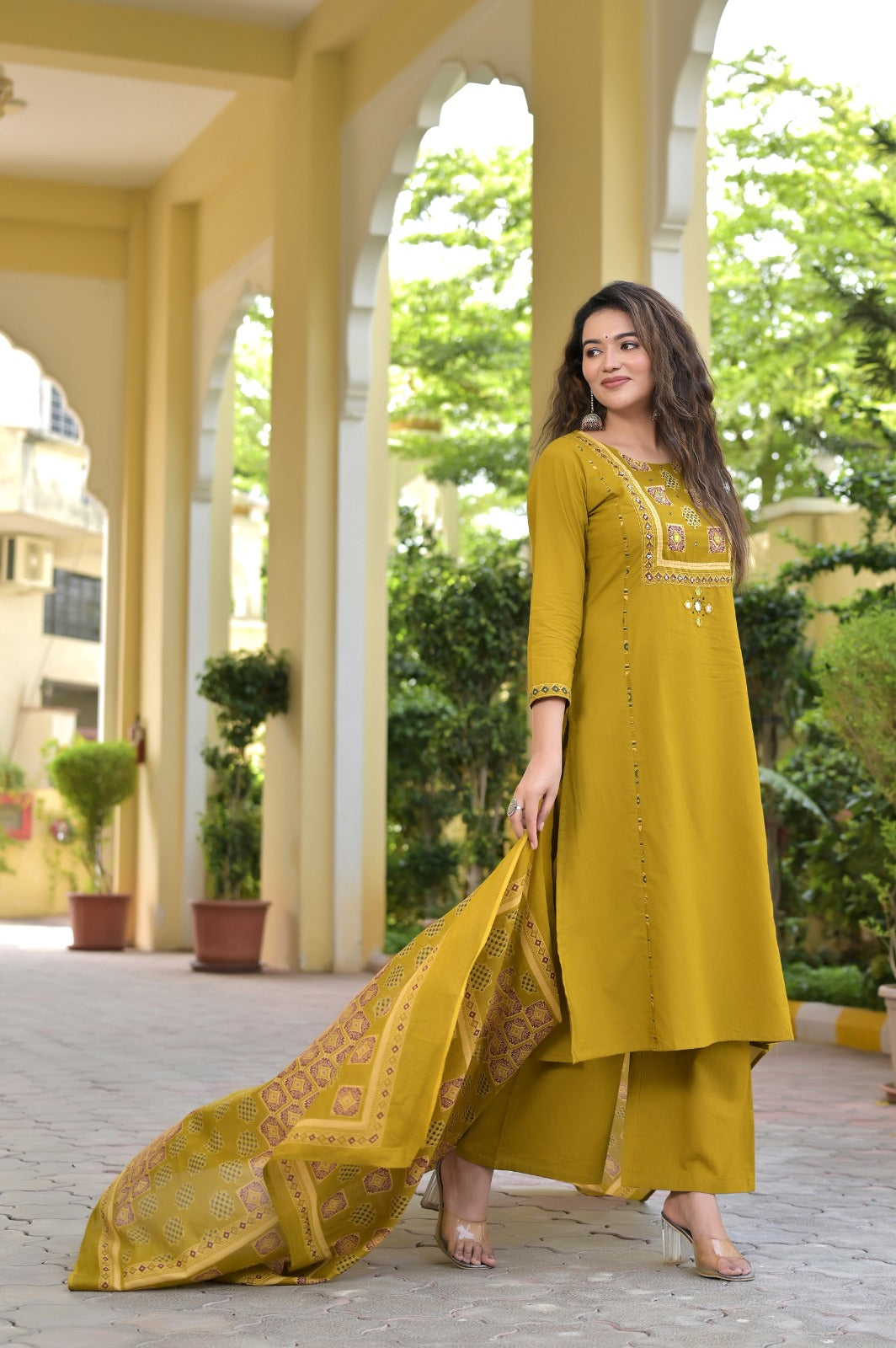 Gindly Traditional Cotton A-Line Kurti Set with Dupatta