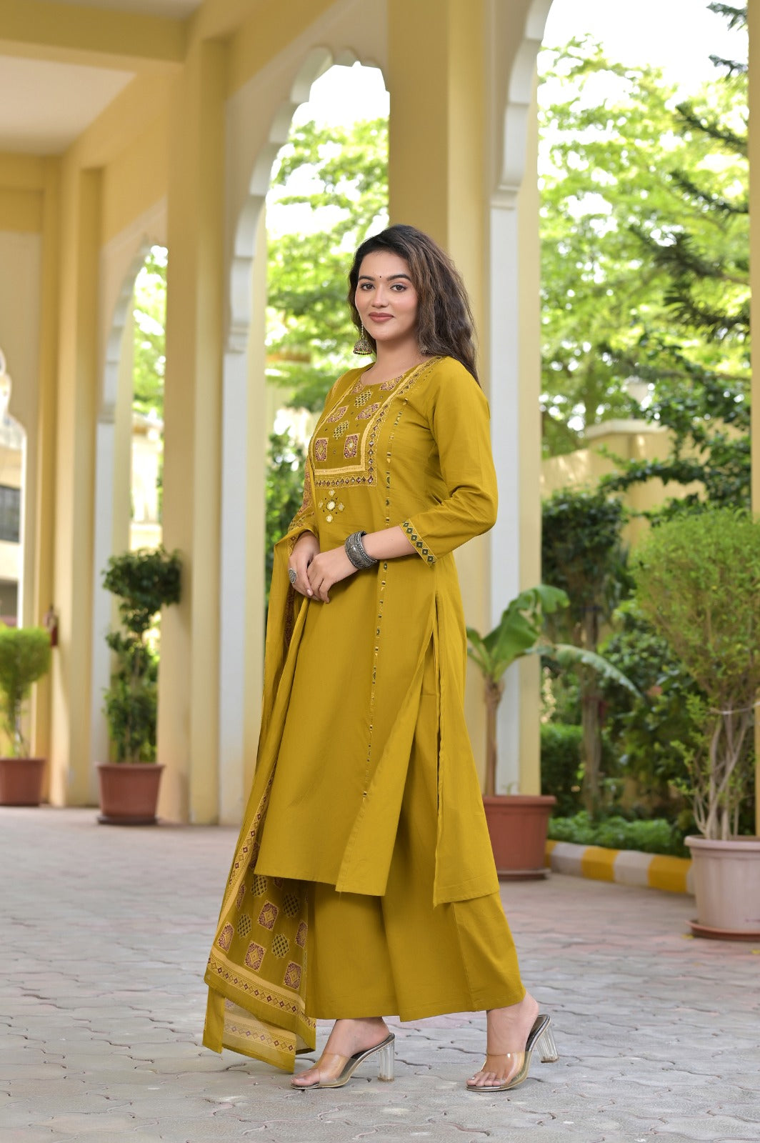 Gindly Traditional Cotton A-Line Kurti Set with Dupatta