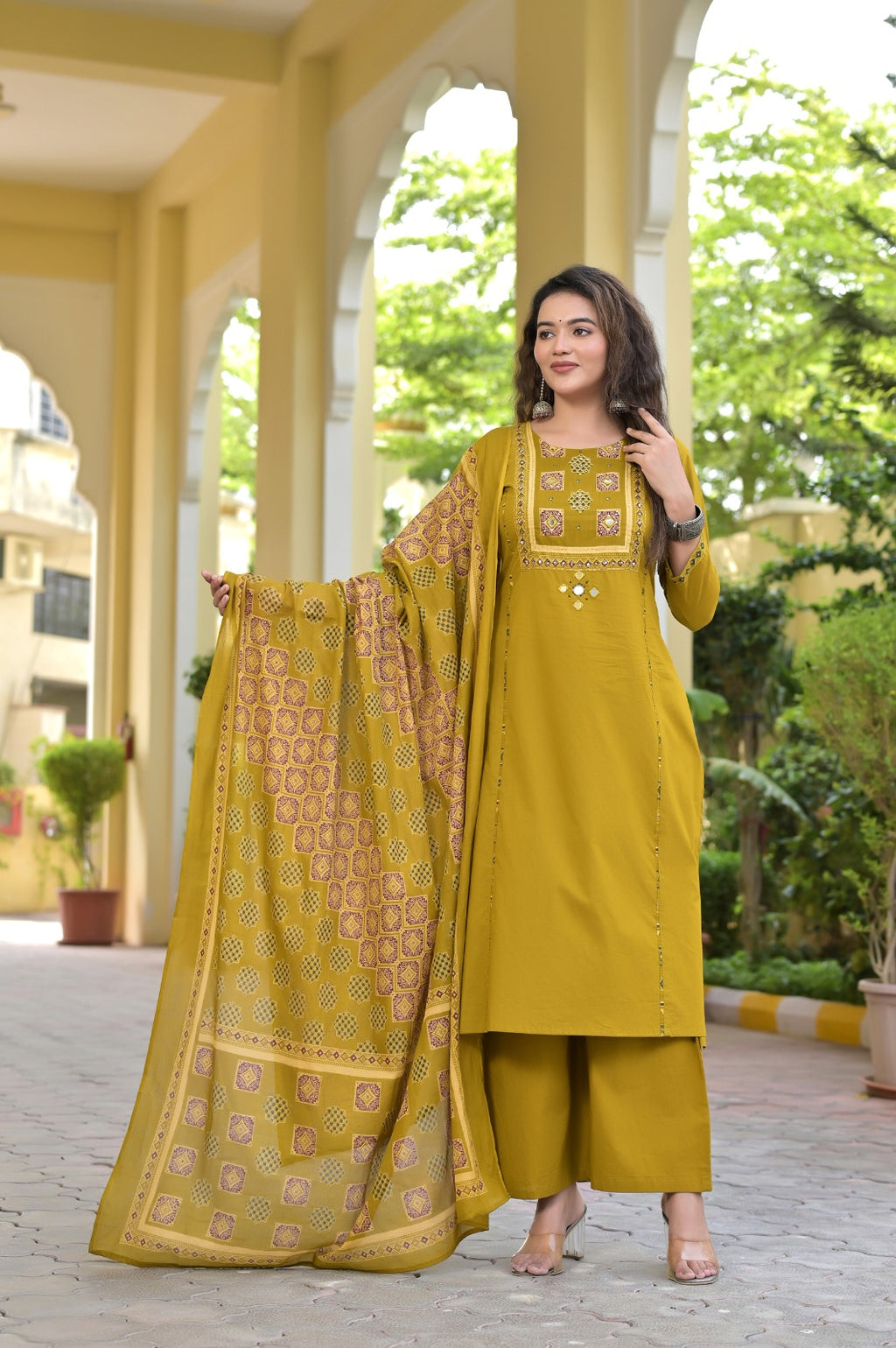 Gindly Traditional Cotton A-Line Kurti Set with Dupatta