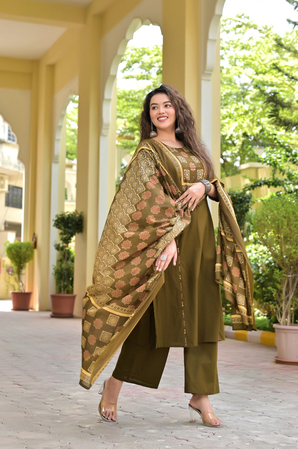 Gindly Traditional Cotton A-Line Kurti Set with Dupatta