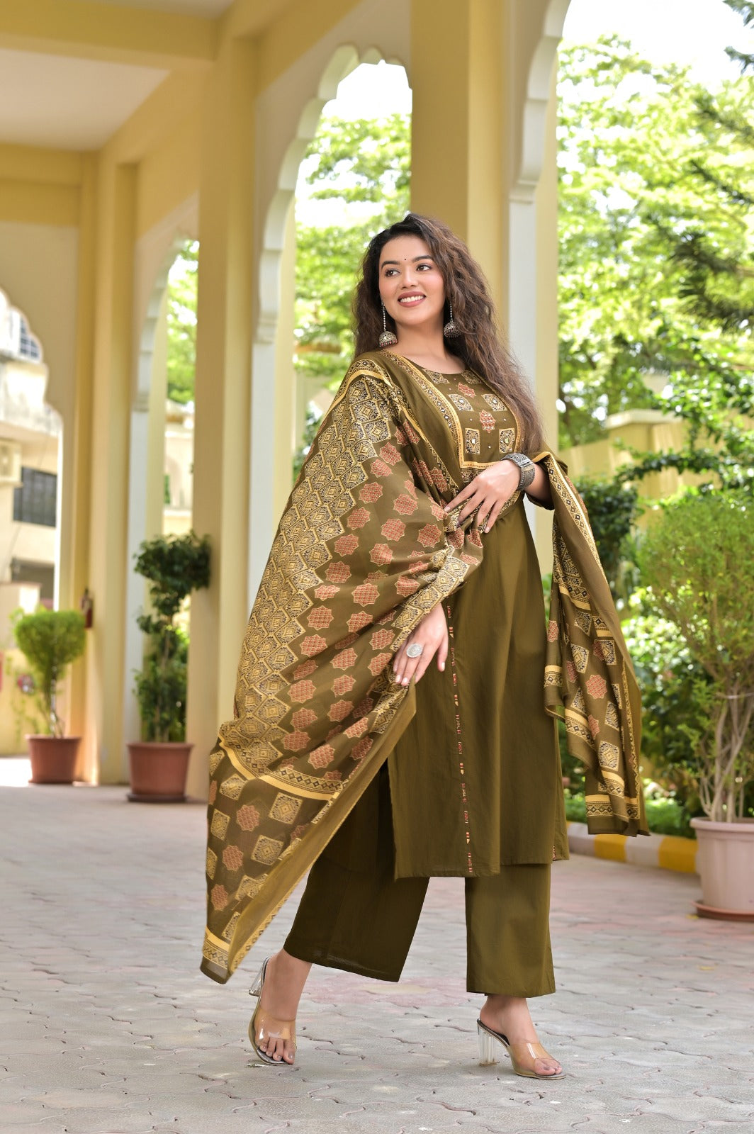 Gindly Traditional Cotton A-Line Kurti Set with Dupatta