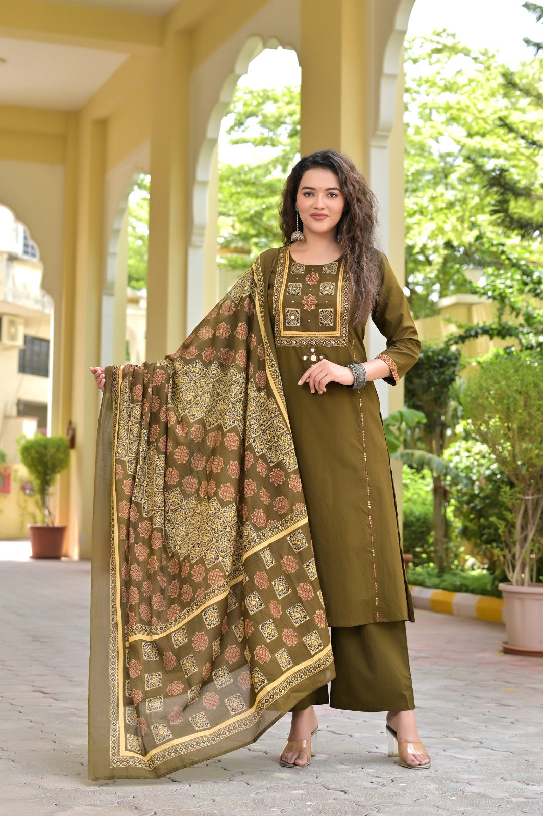 Gindly Traditional Cotton A-Line Kurti Set with Dupatta