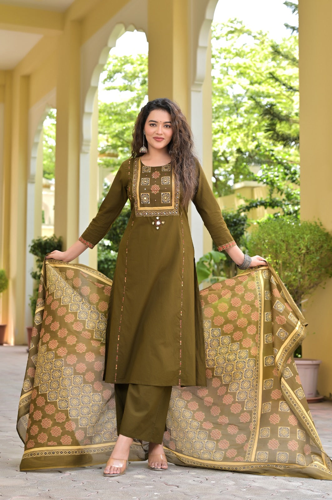 Gindly Traditional Cotton A-Line Kurti Set with Dupatta