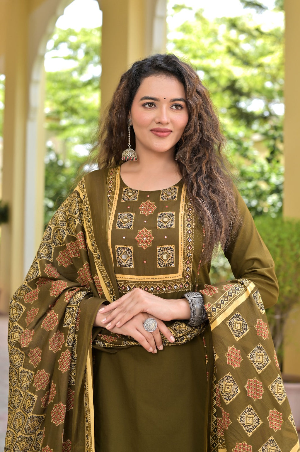 Gindly Traditional Cotton A-Line Kurti Set with Dupatta