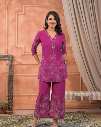 GINDLY FLORAL PRINT CO-ORD SET V-NECK STYLE 3/4 SLEEVES