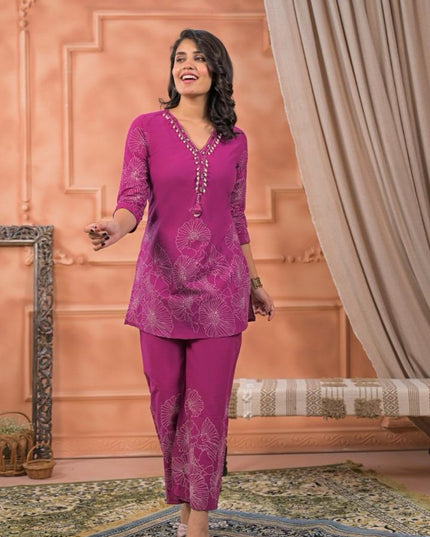 GINDLY FLORAL PRINT CO-ORD SET V-NECK STYLE 3/4 SLEEVES