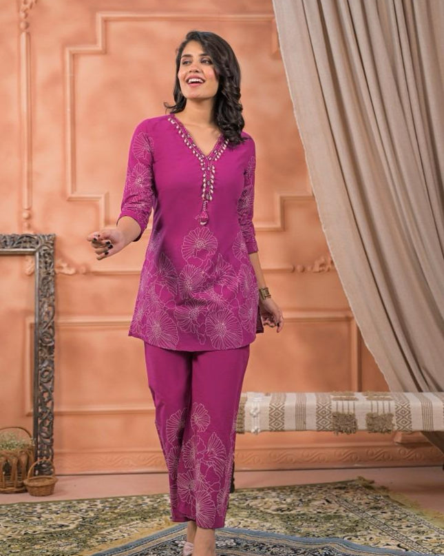 GINDLY FLORAL PRINT CO-ORD SET V-NECK STYLE 3/4 SLEEVES