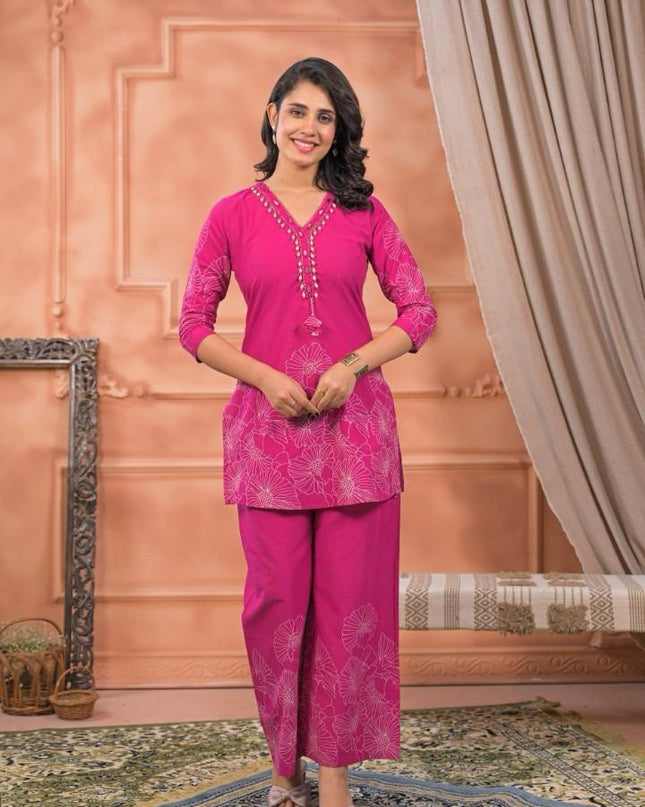 GINDLY FLORAL PRINT CO-ORD SET V-NECK STYLE 3/4 SLEEVES