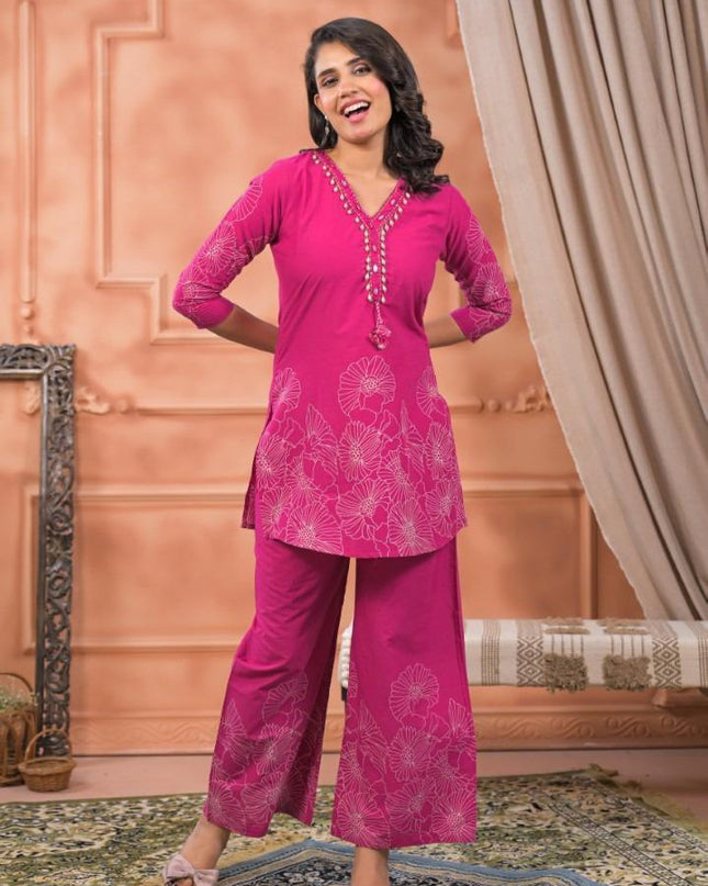 GINDLY FLORAL PRINT CO-ORD SET V-NECK STYLE 3/4 SLEEVES