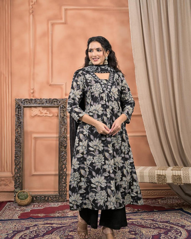 Gindly Pure Cotton Embroidered v-neck Floral Print Anarkali Women's Ethnic Wear Set