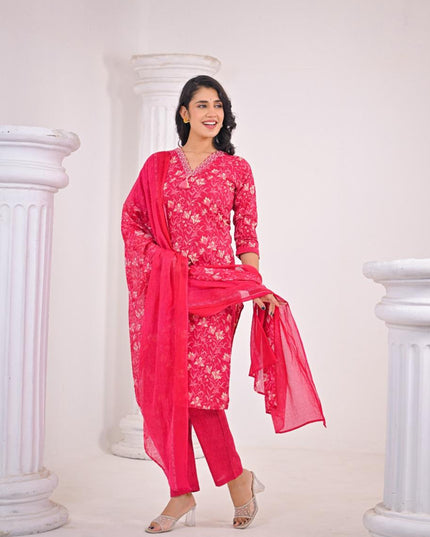 Gindly Pure Cotton Embroidered Straight Women's Ethnic Wear Set
