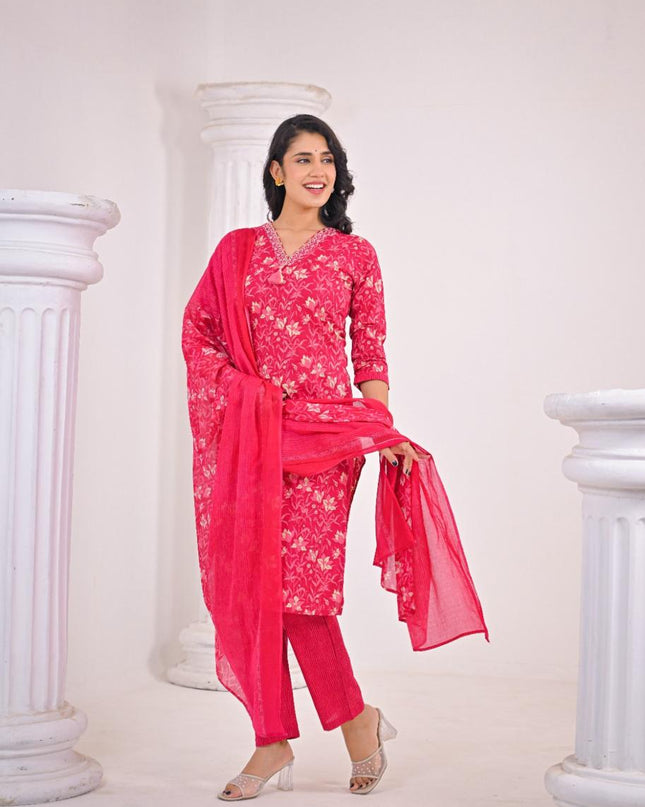 Gindly Pure Cotton Embroidered Straight Women's Ethnic Wear Set