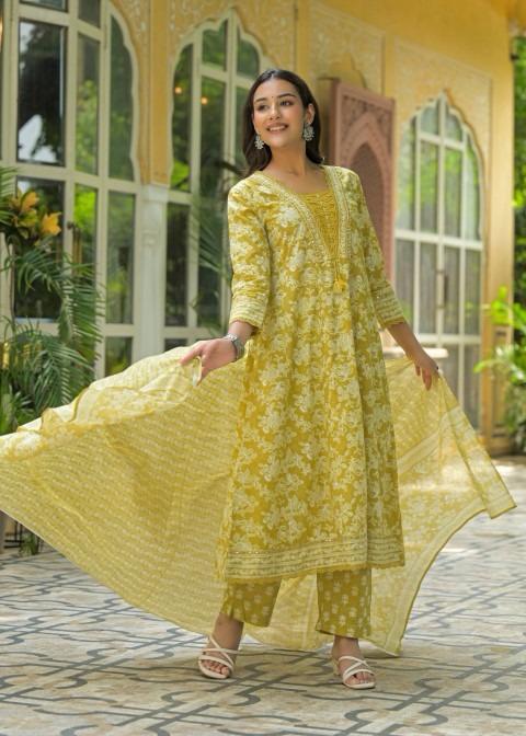 Gindly Pure Cotton Embroidered Anarkali Women's Ethnic Wear Set