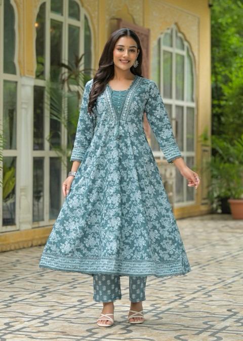 Gindly Pure Cotton Embroidered Anarkali Women's Ethnic Wear Set