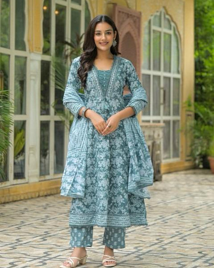 Gindly Pure Cotton Embroidered Anarkali Women's Ethnic Wear Set