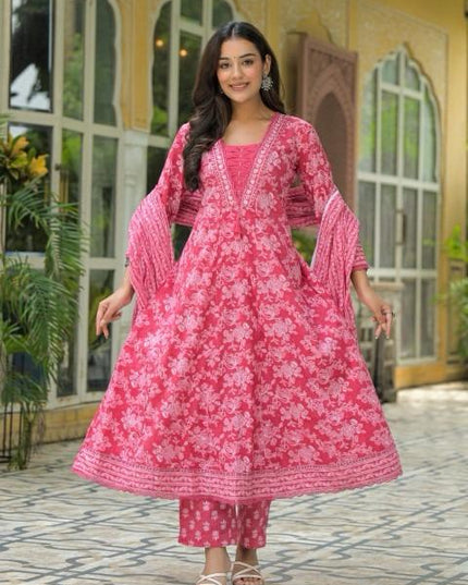 Gindly Pure Cotton Embroidered Anarkali Women's Ethnic Wear Set