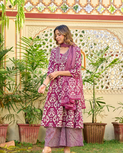 Gindly Pure Cotton Embroidered v-neck Anarkali Women's Ethnic Wear Set