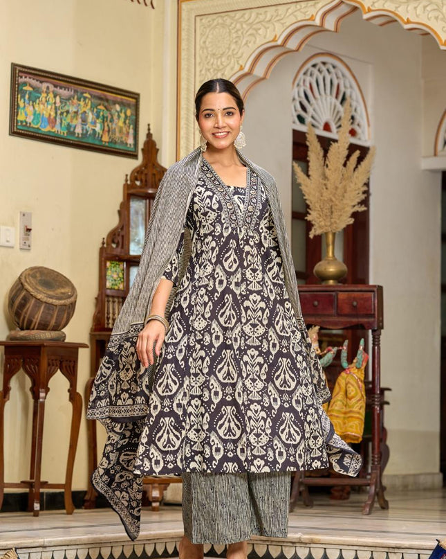 Gindly Pure Cotton Embroidered v-neck Anarkali Women's Ethnic Wear Set