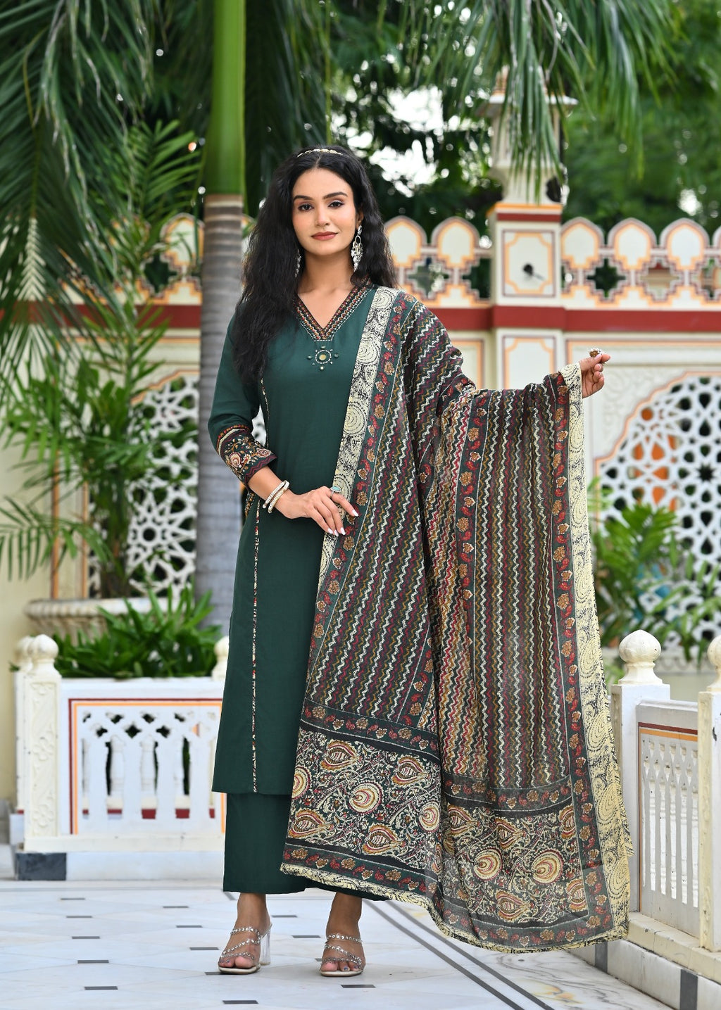 Three Piece Embroieded Kurta Palazzo Set with Dupatta