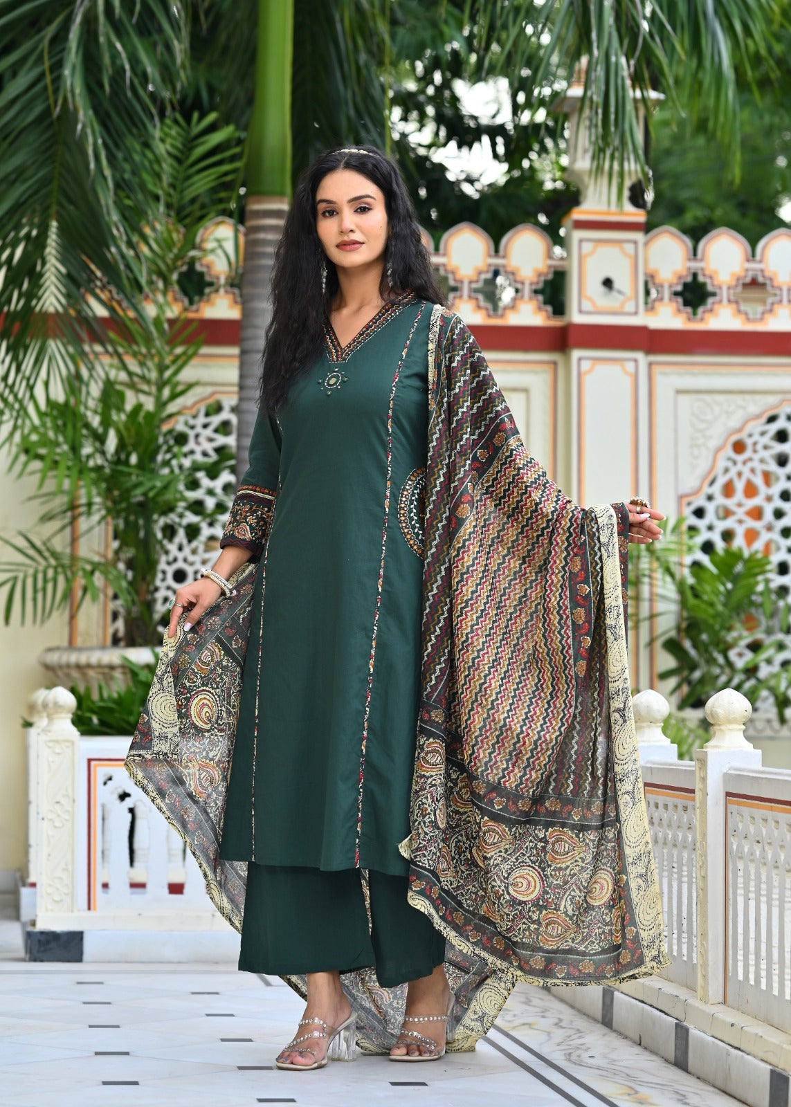 Three Piece Embroieded Kurta Palazzo Set with Dupatta